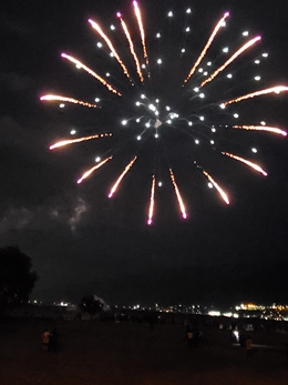 岡谷南高校の南高祭を締めくくる打ち上げ花火。諏訪湖方面の夜空に大きく咲いた大輪の花火。