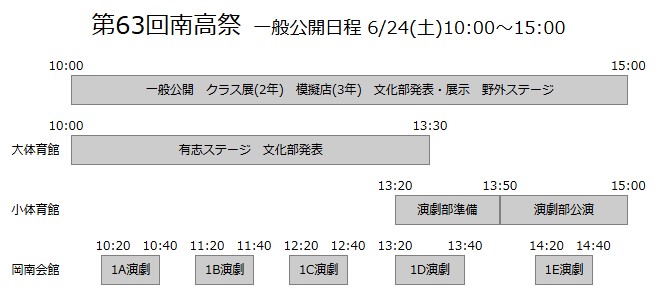 岡谷南高校の第63回南高祭・一般公開(6月24日)のお知らせ。クラス展示、模擬店、演劇などの各会場ごとのタイムスケジュールが詳しく記載された案内図。